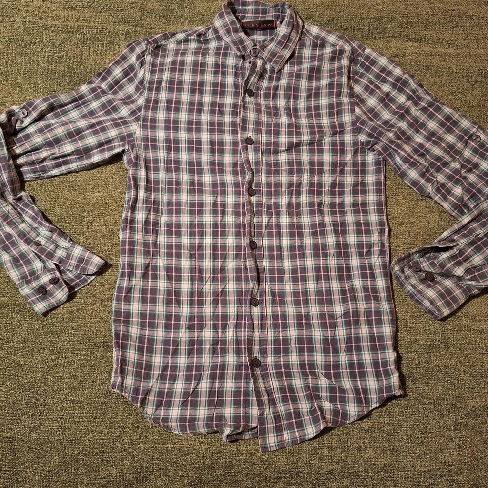 Casual Plaid Button-Down Shirt in Purple and White